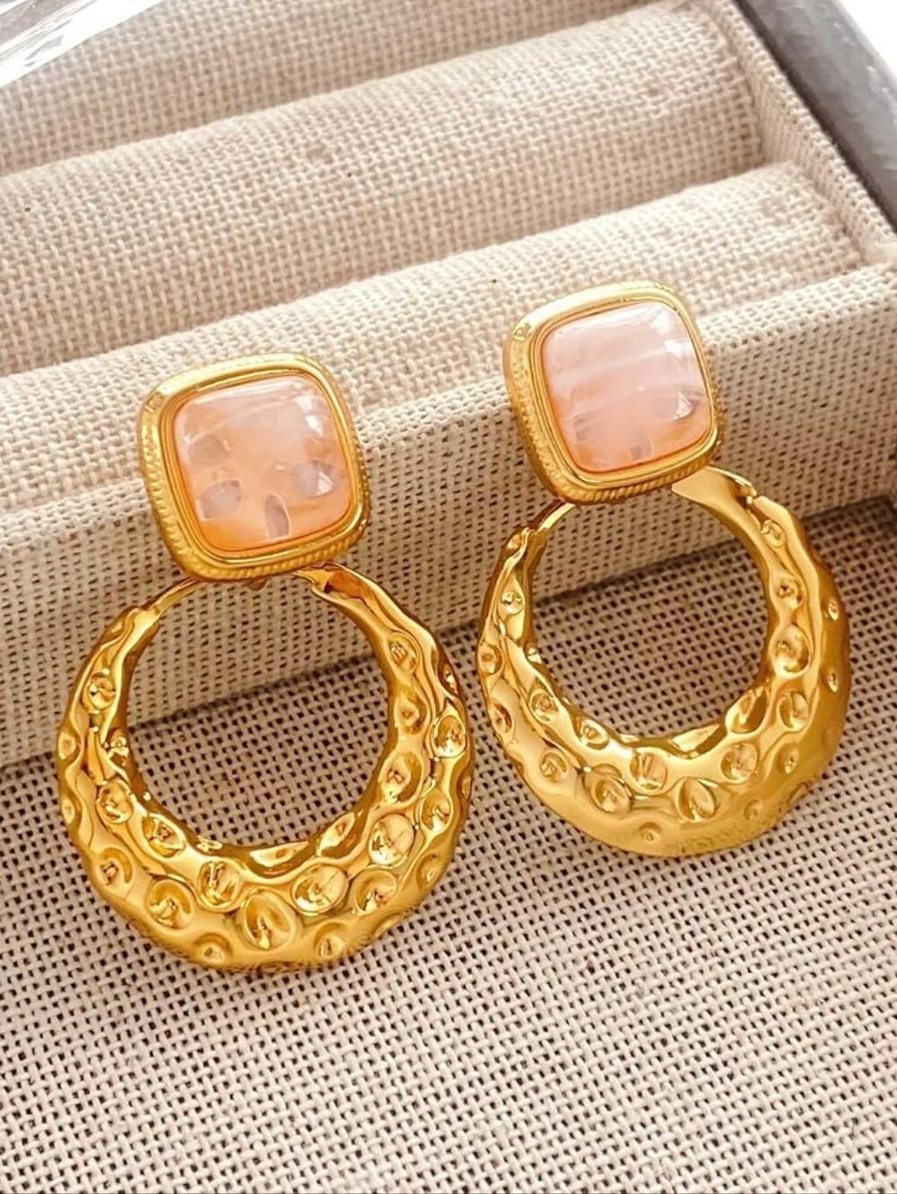 Chunky Gold Statement Earrings Big Large Pink Acrylic Drop Vintage Chunky